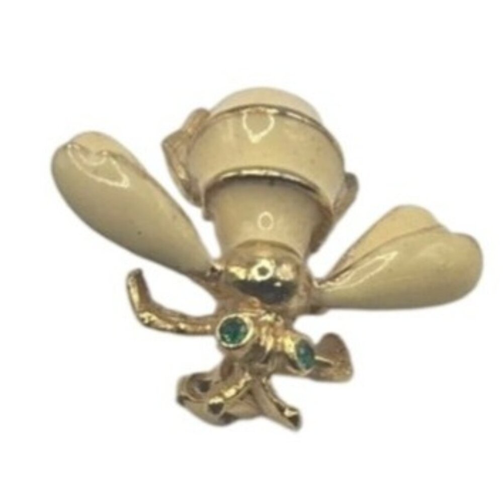 Vtg bee brooch pin Gold-Tone white Enamel Green Eyes insect womens Jewelry wings